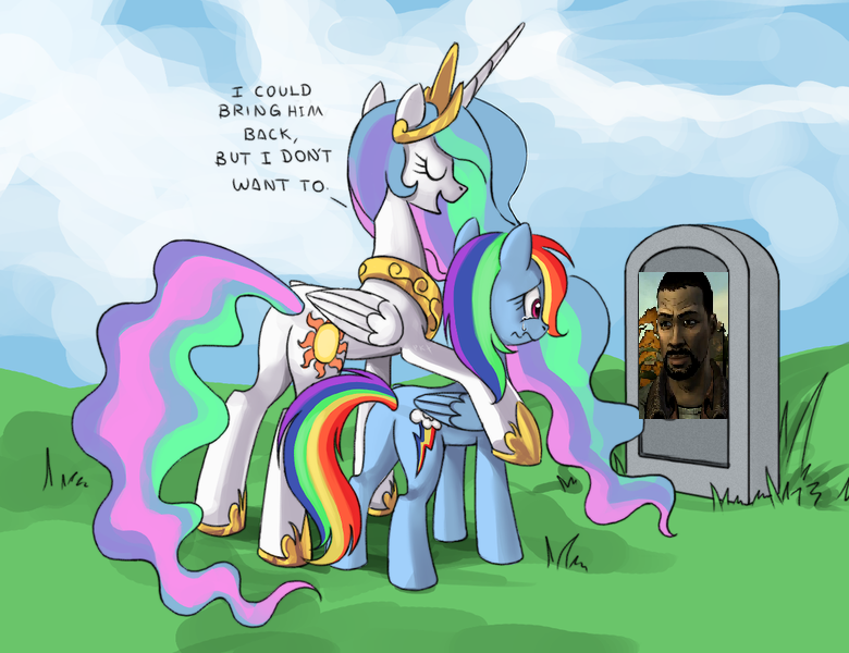 Size: 780x600 | Tagged: safe, derpibooru import, princess celestia, rainbow dash, alicorn, pegasus, pony, butt, celestia's grave meme, exploitable meme, female, grave, gravestone, implied death, lee everett, mare, meme, plot, spoilers for another series, the walking dead