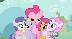 Size: 636x345 | Tagged: a friend in deed, applecore, bedroom eyes, derpibooru import, dinky hooves, hub logo, out of context, piña colada, piña cutelada, pinkie pie, safe, scootaloo, screencap, smile smile smile, smile song, tornado bolt