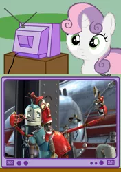 Size: 564x800 | Tagged: safe, derpibooru import, sweetie belle, pony, robot, robot pony, unicorn, exploitable meme, female, fender, filly, foal, horn, meme, obligatory pony, robots (movie), rodney copperbottom, sweetie bot, teeth, tv meme