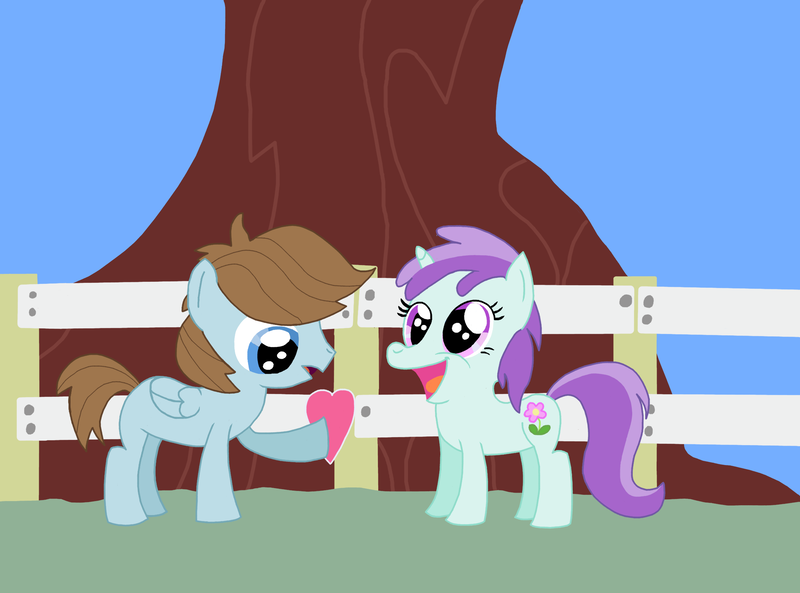 Size: 2288x1696 | Tagged: artist:nevillucy, chip mint, colt, derpibooru import, female, fence, filly, happy, heart, hearts and hooves day, hearts and hooves day (episode), holiday, liza doolots, male, petunia, rain catcher, safe, shipping, straight, tootsie flute, valentine, valentine's day