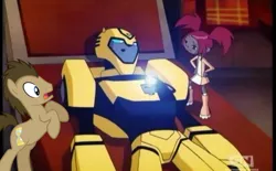 Size: 720x447 | Tagged: bumblebee, cartoon network, derpibooru import, doctor whooves, edit, safe, sari sumdac, screencap, time turner, time turner in places he shouldn't be, transformers, transformers animated