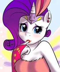 Size: 816x979 | Tagged: anthro, artist:kloudmutt, breasts, cleavage, derpibooru import, ear piercing, earring, eyeshadow, female, finger in mouth, finger to mouth pose, glimmer wings, jewelry, lipstick, makeup, piercing, rarity, sexy, sonic rainboom (episode), stupid sexy rarity, suggestive, wings