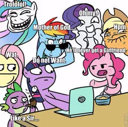 Size: 497x495 | Tagged: :|, applejack, artist:inferno111, bubble pipe, caption, cereal, cereal guy, computer, derpibooru import, fluttershy, food, frown, image macro, laptop computer, like a sir, mane seven, mane six, meme, meme face, mother of god, oh my, open mouth, pinkie pie, pipe, princess celestia, rainbow dash, rarity, reaction image, roflbot, safe, smiling, spike, spoon, sunglasses, text, trollestia, trollface, twilight sparkle