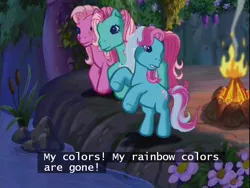 Size: 640x480 | Tagged: colors, derpibooru import, faded, g3, minty, pink dash, pinkie pie, rainbow dash, rainbow dash (g3), rearing, river, safe, subtitles, the runaway rainbow