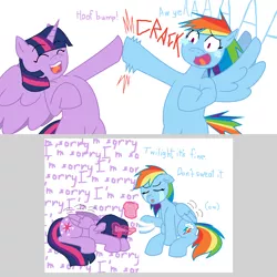 Size: 1072x1070 | Tagged: safe, artist:voltrathelively, derpibooru import, rainbow dash, twilight sparkle, twilight sparkle (alicorn), alicorn, pony, bandage, crying, female, hoofbump, mare