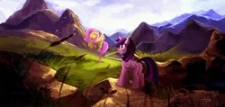 Size: 2000x951 | Tagged: safe, artist:jokerpony, derpibooru import, fluttershy, twilight sparkle, twilight sparkle (alicorn), alicorn, pony, mountain, scenery