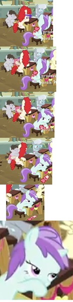 Size: 347x1440 | Tagged: safe, derpibooru import, screencap, alula, liza doolots, petunia, silver spoon, tootsie flute, truffle shuffle, twist, earth pony, pegasus, pony, unicorn, hearts and hooves day (episode), anatomically incorrect, bedroom eyes, book, card, cropped, desk, female, filly, glasses, hearts and hooves day, hug, incorrect leg anatomy, sad, sitting, twuffle