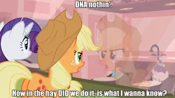 Size: 960x540 | Tagged: safe, derpibooru import, edit, edited screencap, screencap, applejack, rarity, shining star, treasure (character), pony, baby cakes, baby, baby pony, butt, caption, female, image macro, lesbian, magical lesbian spawn, offspring, out of context, parent:applejack, parent:rarity, parents:rarijack, plot, rarijack, shipping, text