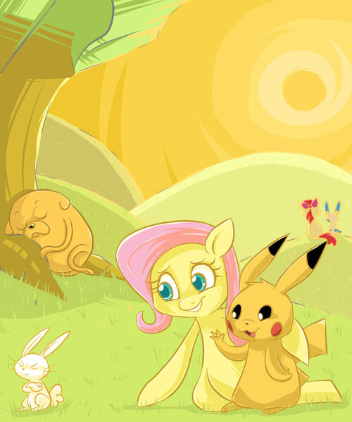 Size: 950x1140 | Tagged: adventure time, angel bunny, apple bloom, artist:luna77899, crossover, derpibooru import, fluttershy, jake the dog, minun, pikachu, pokémon, safe, sleeping