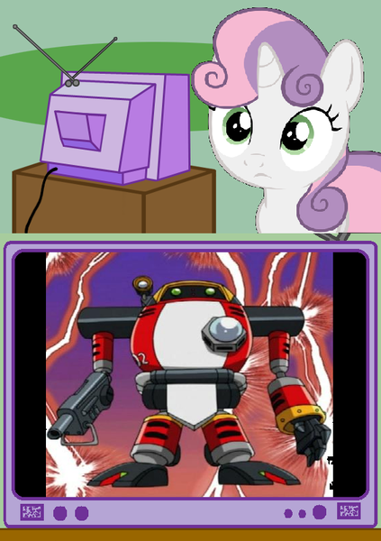 Size: 564x800 | Tagged: safe, derpibooru import, sweetie belle, pony, robot, robot pony, unicorn, crossover, e-102 gamma, exploitable meme, female, filly, foal, hooves, horn, meme, obligatory pony, sonic the hedgehog (series), sweetie bot, tv meme