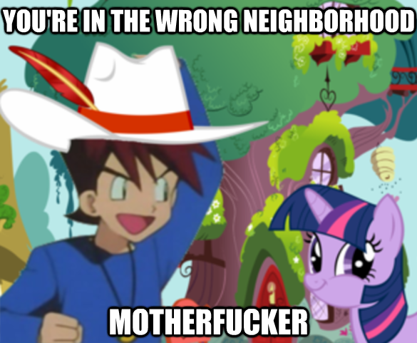 Size: 585x481 | Tagged: caption, derpibooru import, faic, feather, gary motherfucking oak, gary oak, golden oaks library, hat, image macro, nintendo, pimp hat, pokémon, safe, smirk, text, twiface, twilight sparkle, vulgar, wrong neighborhood