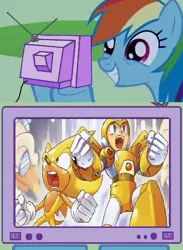 Size: 511x700 | Tagged: safe, derpibooru import, rainbow dash, archie comics, crossover, exploitable meme, image, jpeg, megaman, meme, obligatory pony, sonic the hedgehog, sonic the hedgehog (series), super armor megaman, super sonic, tv meme, worlds collide