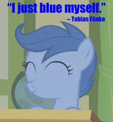 Size: 650x700 | Tagged: archer (character), arrested development, blue myself, call of the cutie, caption, cropped, derpibooru import, edit, edited screencap, image macro, safe, scootablue, screencap, solo, text