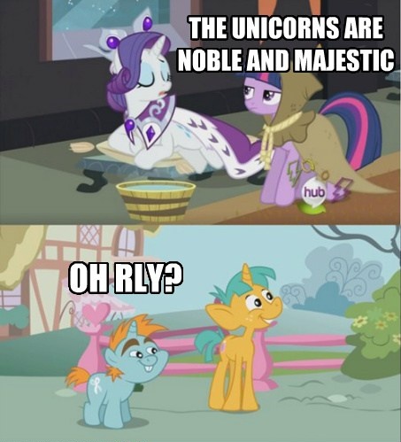 Size: 453x499 | Tagged: safe, derpibooru import, edit, edited screencap, screencap, clover the clever, princess platinum, rarity, snails, snips, twilight sparkle, pony, unicorn, boast busters, hearth's warming eve (episode), caption, colt, female, foal, hub logo, image macro, male, mare, o rly, text, unicorn master race