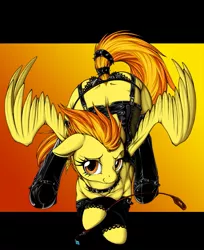 Size: 1031x1265 | Tagged: suggestive, artist:longinius, derpibooru import, spitfire, pegasus, pony, series:rarity's secret, boots, clothed ponies, clothes, collar, corset, dominatrix, face down ass up, female, garter belt, hoof boots, leather, looking at you, mare, panties, pinup, riding crop, sexy, shoes, solo, sultry pose, underwear