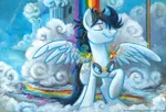 Size: 934x633 | Tagged: safe, artist:kenket, artist:spainfischer, derpibooru import, soarin', pegasus, pony, cloudsdale, eyes closed, goggles, image, jpeg, messy mane, old cutie mark, rainbow, raised hoof, shower, smiling, solo, spread wings, stupid sexy soarin', traditional art, wet, wet mane, wings