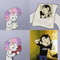 Size: 687x688 | Tagged: blushing, call me for a good time, dan, dan vs, derpibooru import, exploitable meme, meme, obligatory pony, phone, safe, sweetie belle, sweetie's note meme