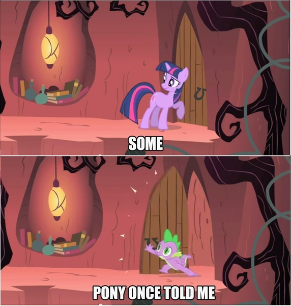 Size: 1768x1856 | Tagged: safe, derpibooru import, edit, edited screencap, screencap, spike, twilight sparkle, dragon, pony, unicorn, feeling pinkie keen, all star (song), caption, comic, door, duo, female, image macro, male, mare, meme, screencap comic, smash mouth, somebody once told me, song, song reference, text, unicorn twilight
