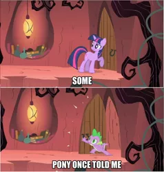 Size: 1768x1856 | Tagged: safe, derpibooru import, edit, edited screencap, screencap, spike, twilight sparkle, dragon, pony, unicorn, feeling pinkie keen, all star (song), caption, comic, door, duo, female, image macro, male, mare, meme, screencap comic, smash mouth, somebody once told me, song, song reference, text, unicorn twilight