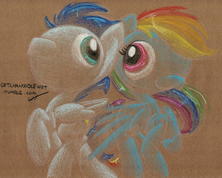 Size: 1024x820 | Tagged: safe, artist:getchanoodlewet, derpibooru import, rainbow dash, soarin', 30 minute art challenge, female, male, shipping, soarindash, straight, traditional art