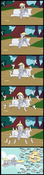 Size: 2031x8043 | Tagged: safe, artist:dragonblood6400, derpibooru import, derpy hooves, bird, pegasus, pigeon, pony, bench, comic, comic strip, female, finding nemo, food, mare, mine!, muffin, parody, solo