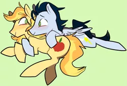 Size: 1463x997 | Tagged: artist:ghost, blushing, braeburn, cuddling, cute, derpibooru import, eye contact, gay, hug, looking at each other, male, prone, safe, shipping, smiling, snuggling, soarburn, soarin'