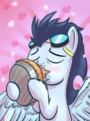 Size: 1280x1707 | Tagged: 30 minute art challenge, artist:pirill, blushing, derpibooru import, food, heart, kissing, male, pie, safe, sloppy kissing, soarin', solo, that pony sure does love pies