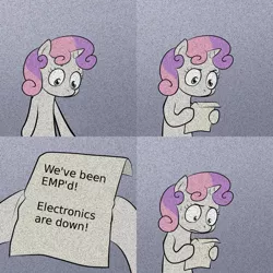 Size: 1000x1000 | Tagged: call of duty, derpibooru import, emp, exploitable meme, meme, nervous, obligatory pony, safe, sweetie belle, sweetie's note meme