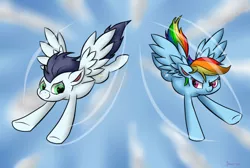 Size: 1024x687 | Tagged: safe, artist:jigglybelle, derpibooru import, rainbow dash, soarin', 30 minute art challenge, female, flying, male, race, shipping, soarindash, straight