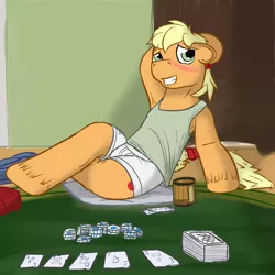 Size: 1280x1280 | Tagged: applejack, applejack (male), armpits, artist:fuzebox, blushing, boxer briefs, clothes, derpibooru import, male, poker, rule 63, safe, sitting, solo, strip poker, underwear, unshorn fetlocks