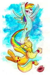 Size: 673x1000 | Tagged: applejack, applejack's hat, artist:kounyoukai, biting, cowboy hat, derpibooru import, flying, hat, painting, rainbow dash, safe, scared, suspended, tail, tail bite, tail pull, traditional art, watercolor painting