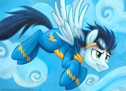 Size: 831x600 | Tagged: safe, artist:kenket, artist:spainfischer, derpibooru import, soarin', pegasus, pony, clothes, cloud, flying, goggles, male, sky, solo, stallion, uniform, wonderbolts uniform