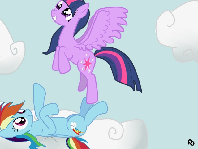 Size: 640x480 | Tagged: safe, artist:lalalalala421, derpibooru import, rainbow dash, twilight sparkle, twilight sparkle (alicorn), alicorn, pony, cloud, cloudy, female, flying, happy, mare, on back