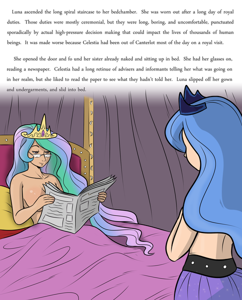 Size: 1837x2275 | Tagged: artist:allosaurus, artist:megasweet, artist:ragingsemi, breasts, busty princess celestia, comic:luna's magic wand, derpibooru import, glasses, human, humanized, newspaper, nudity, princess celestia, princess luna, questionable, shiny