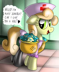 Size: 955x1164 | Tagged: artist:ziemniax, clothes, derpibooru import, dialogue, junebug, nurse, safe, series:ziemniax's nurse ponies, solo, stockings, thigh highs