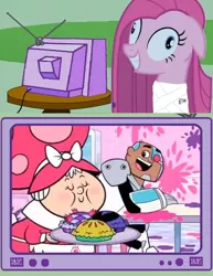 Size: 462x599 | Tagged: cyborg (teen titans), derpibooru import, exploitable meme, food, meme, obligatory pony, pie, pinkamena diane pie, pinkie pie, safe, teen titans go, tv meme