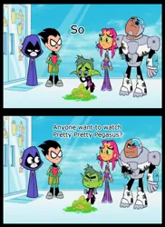 Size: 1217x1668 | Tagged: barely pony related, beast boy, brony, clothes, cyborg (teen titans), derpibooru import, midriff, pony reference, pretty pretty pegasus, raven (teen titans), reference, robin, safe, skirt, starfire, teen titans go