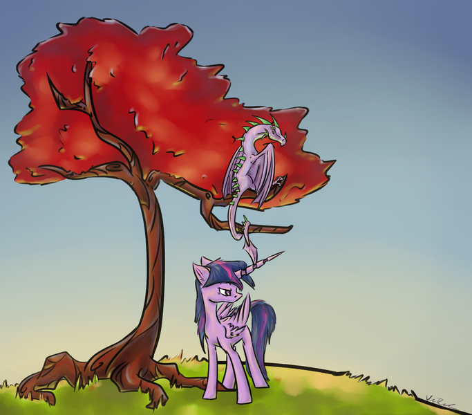 Size: 1650x1450 | Tagged: safe, artist:nos-talgia, derpibooru import, spike, twilight sparkle, twilight sparkle (alicorn), alicorn, pony, female, mare, older, tree, wings