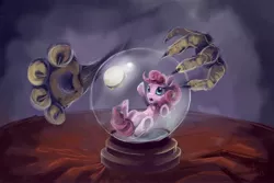 Size: 3000x2000 | Tagged: artist:foxtailpegasus, crystal ball, derpibooru import, discord, friendship is witchcraft, in goliath's palm, inside, micro, pinkie pie, safe, trapped