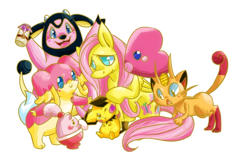 Size: 1102x754 | Tagged: artist:kittyichooseyou, audino, crossover, derpibooru import, fluttershy, happiny, luvdisc, meowth, miltank, pichu, pink, pokémon, safe, shiny pokémon