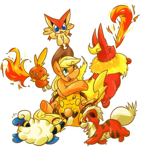 Size: 898x927 | Tagged: applejack, artist:kittyichooseyou, crossover, derpibooru import, fire, flareon, growlithe, mareep, pokémon, raichu, safe, torchic, victini