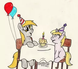 Size: 951x839 | Tagged: safe, artist:skywalkergirl666, deleted from derpibooru, derpibooru import, derpy hooves, dinky hooves, pegasus, pony, balloon, birthday, candle, chair, cute, derpabetes, dinkabetes, equestria's best mother, female, food, happy, hat, mare, muffin, party hat, table, traditional art