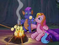 Size: 640x480 | Tagged: campfire, derpibooru import, fire, food, g3, marshmallow, marshmallows, master kenbroath gilspotten heathspike, rarity (g3), safe, stick, the runaway rainbow