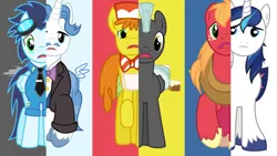 Size: 1280x720 | Tagged: safe, artist:chainchomp2, derpibooru import, big macintosh, carrot cake, fancypants, shining armor, soarin', thunderlane, earth pony, pegasus, pony, unicorn, alternate mane six, hilarious in hindsight, male, male six, missing accessory, parody, stallion, swapped cutie marks, vector, what my cutie mark is telling me
