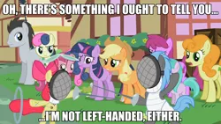 Size: 1280x720 | Tagged: apple bloom, applejack, berry punch, berryshine, bon bon, bon bon is not amused, caption, carrot top, derpibooru import, fencing, golden harvest, image macro, lance (character), lucky clover, ruby pinch, safe, sweetie drops, text, the princess bride, twilight sparkle, unamused