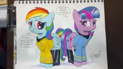 Size: 1023x577 | Tagged: artist:andypriceart, boots, crossover, derpibooru import, james t kirk, rainbow dash, rainbow kirk, safe, shoes, spock, spork, star trek, star trek (tos), traditional art, twilight sparkle, twilight spockle