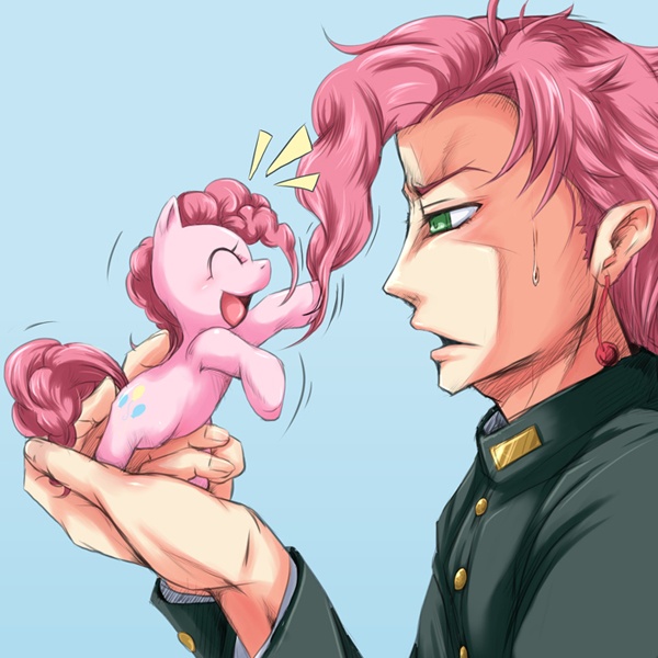 Size: 600x600 | Tagged: safe, artist:oinari, derpibooru import, pinkie pie, human, pony, anime, blue background, crossover, cute, diapinkes, duo, eyes closed, jojo's bizarre adventure, motion lines, noriaki kakyoin, pixiv, profile, simple background, sweat, sweatdrop, tiny, tiny ponies