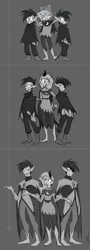 Size: 600x1674 | Tagged: age progression, artist:egophiliac, cartographer's cap, derpibooru import, female, filly, gray background, grayscale, hat, height difference, human, humanized, humanized oc, line-up, male, monochrome, moonstuck, night guard, oc, oc:frolicsome meadowlark, oc:sunshine smiles (egophiliac), princess luna, safe, simple background, skinny, trio, woona, younger