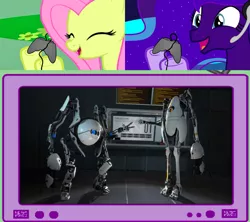 Size: 1126x1000 | Tagged: derpibooru import, exploitable meme, fluttershy, gamer luna, gamer meme, gamershy, happy, meme, obligatory pony, portal 2, portal (valve), princess luna, safe, tv meme