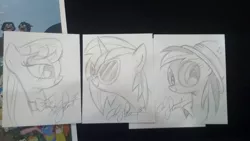 Size: 1816x1024 | Tagged: safe, artist:andypriceart, derpibooru import, idw, cerberus (character), daring do, octavia melody, vinyl scratch, cerberus, earth pony, pony, unicorn, multiple heads, three heads, traditional art